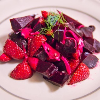 strawberry and roasted beet salad with shaved fennel and balsamic dressing